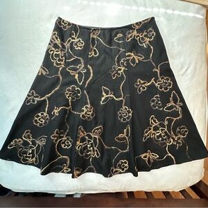 Tailor B. Moss A-line Yarn Doodle Flowers Embroidered Wool Skirt 12 black brown